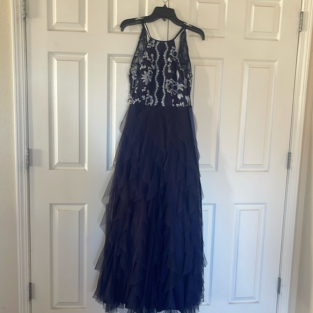Prom dress navy blue, ruffle bottom